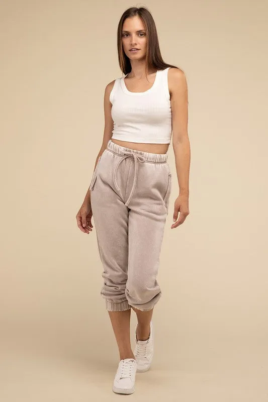 ZENANA Acid Wash Fleece Sweatpants with Pockets