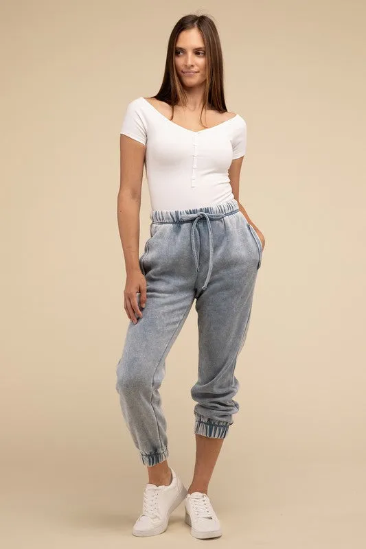 ZENANA Acid Wash Fleece Sweatpants with Pockets