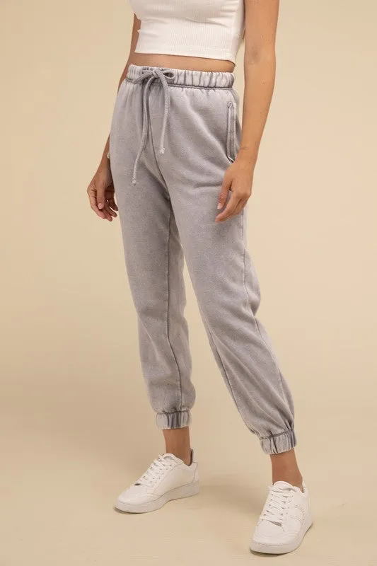 ZENANA Acid Wash Fleece Sweatpants with Pockets