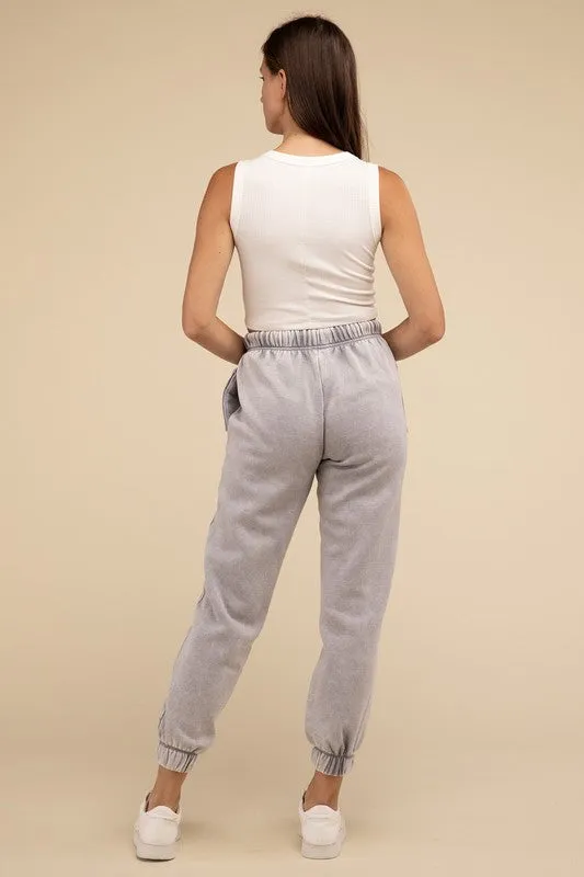 ZENANA Acid Wash Fleece Sweatpants with Pockets