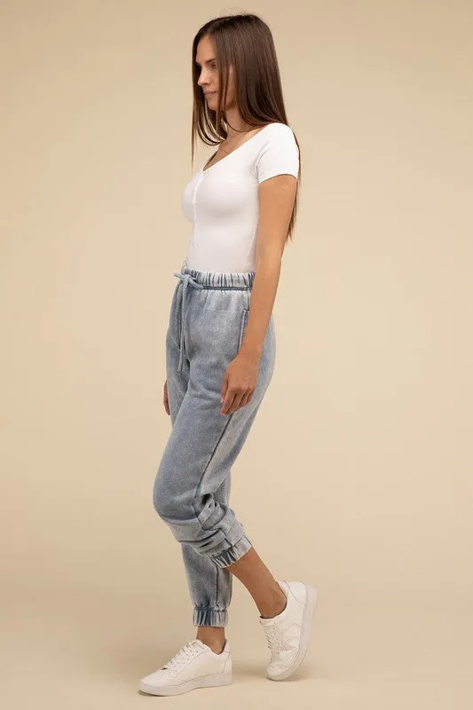 ZENANA Acid Wash Fleece Sweatpants with Pockets