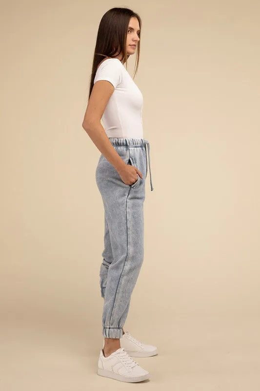 ZENANA Acid Wash Fleece Sweatpants with Pockets